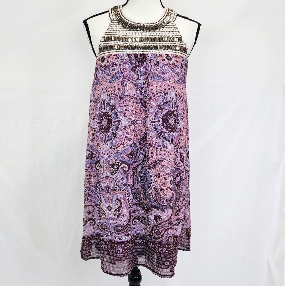 Xhilaration Beaded Neck Keyhole Back Purple Paisley Print Sleeveless Tent Dress
